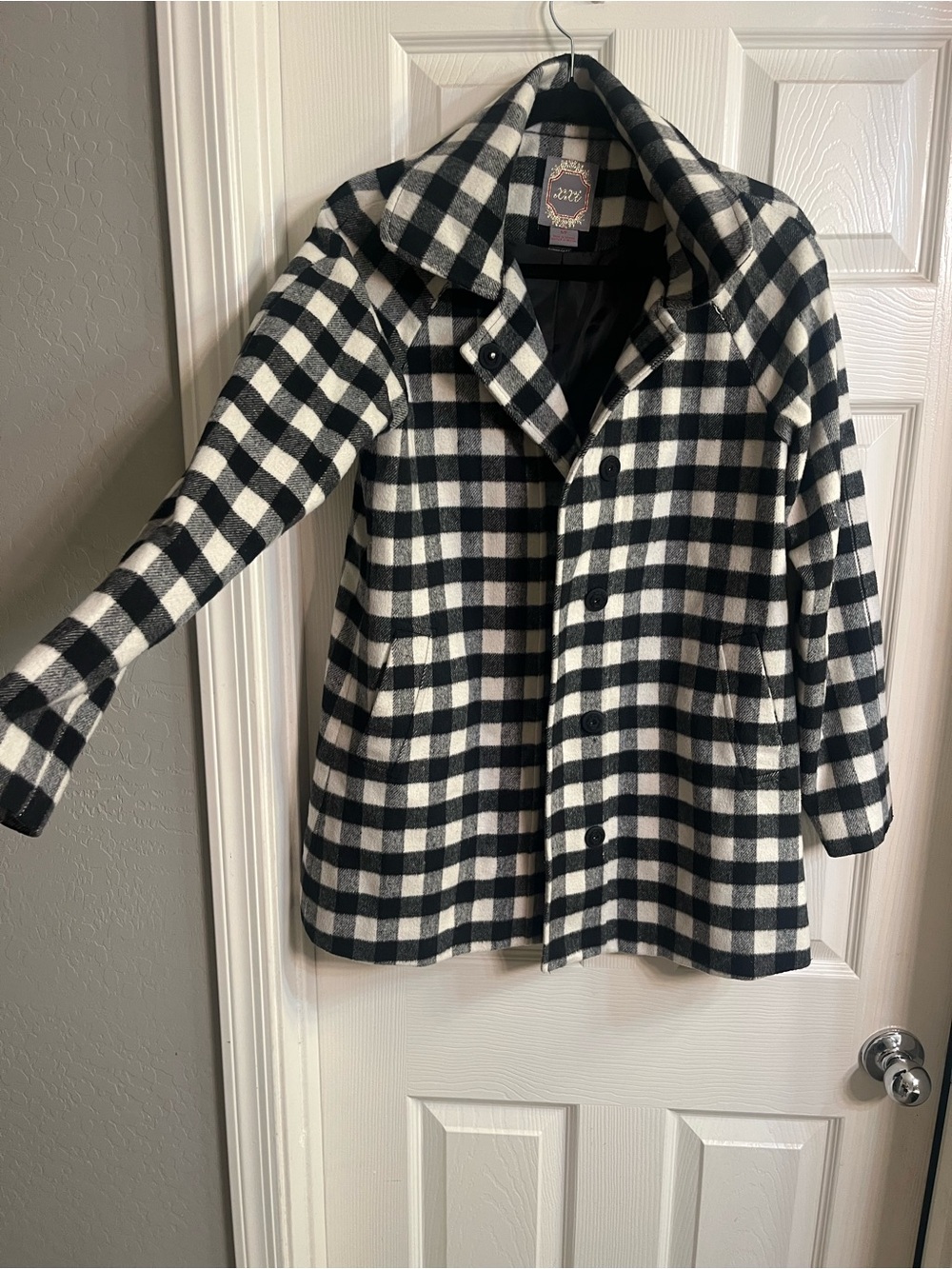 Black and White Plaid Pea Coat Jacket